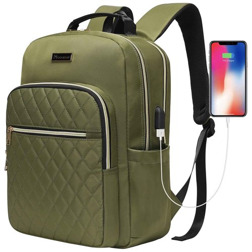 Modoker 15.6 Inch Women's Laptop Backpack, Quilted Work and Travel Backpack with USB Charging Port, Green