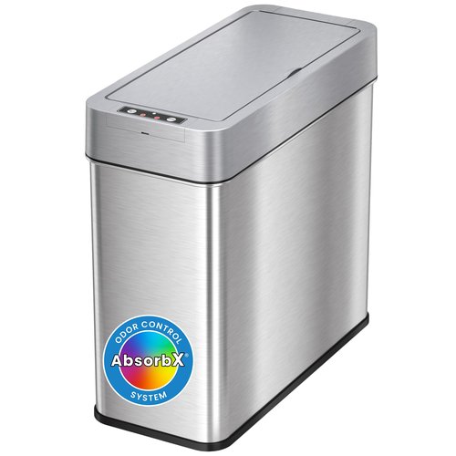 iTouchless 4 Gallon Bathroom Trash Can with Lid and Deodorizer, Lid Opens Left, 15 Liter Stainless Steel Slim Automatic Small Waste Basket Dustbin for Bedroom Home Office Livingroom Garage