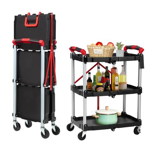Foldable Utility Service Cart, 3 Shelf 168LBS Heavy Duty Plastic Rolling Cart with 360° Swivel Wheels (2 with Brakes), Ergonomic Handle, Portable Garage Tool Cart for Warehouse Office Home, Black