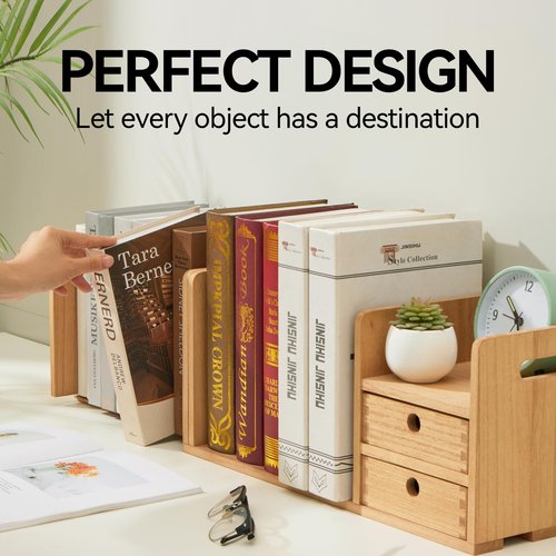 KIRIGEN Wood Adjustable Desk Orangizer Storage Expanable Desktop Bookshelf Fully Assembled Bookcase Adjustable Book Rack with Drawer for Office SSSJ-L-NA