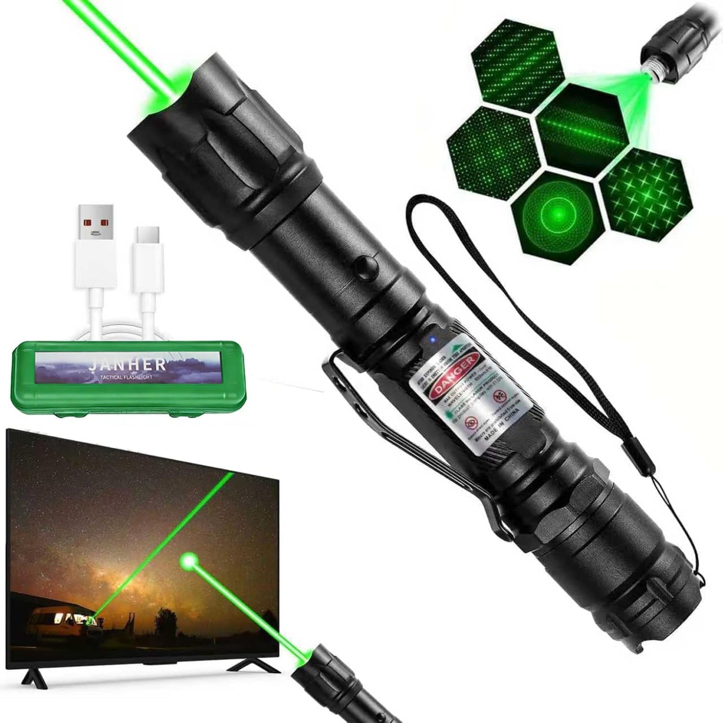 Skiennix Green Laser Pointer - High Power Tactical Long Range | Rechargeable & Adjustable Focus with Carrying Case