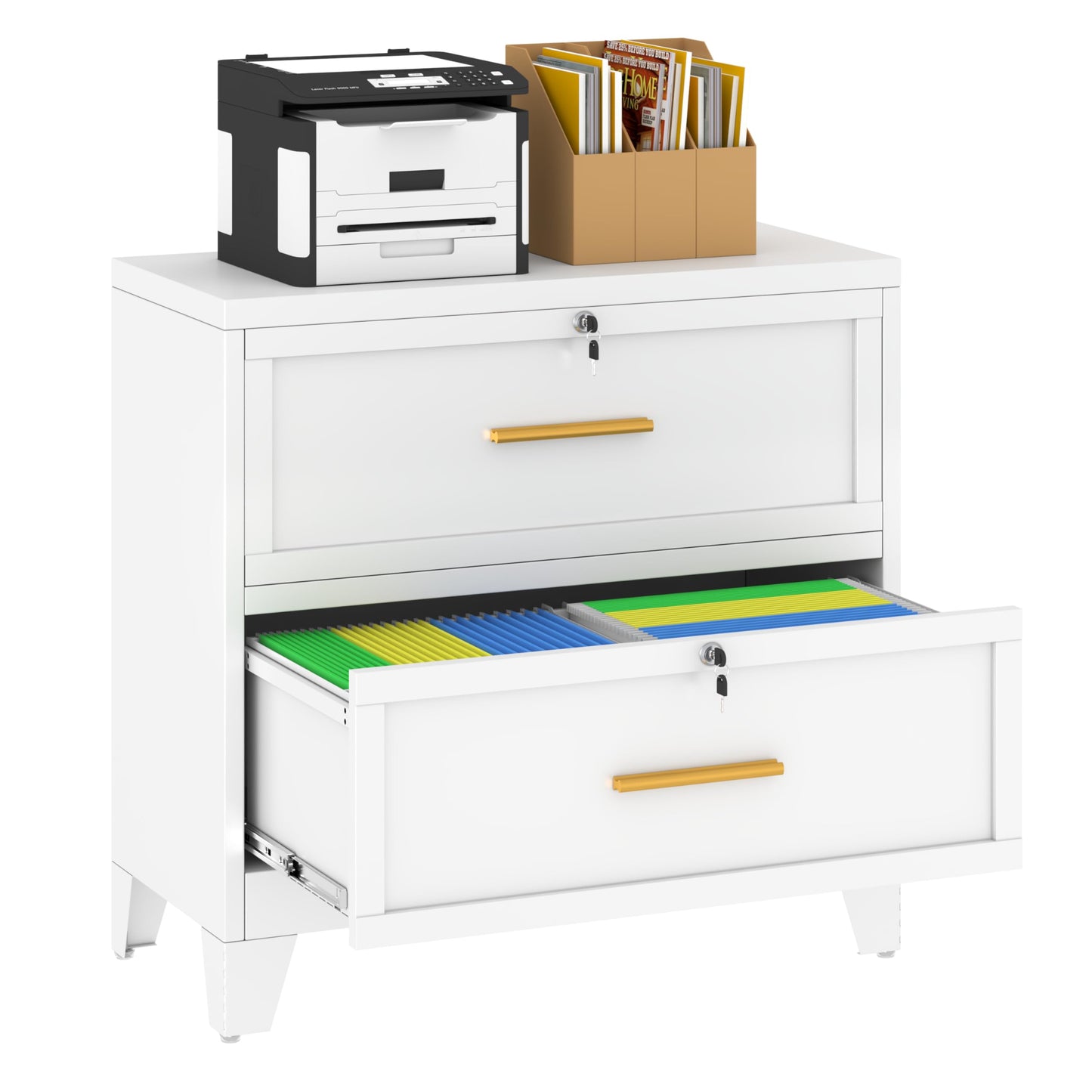 Metal Lateral File Cabinet with Lock,2 Drawer Steel Wide Filing Organization Storage Cabinets,Filing Cabinet for Legal/Letter/A4/F4 Size with Hanging Files&Key,Lockable Cabinet for Home Office,White