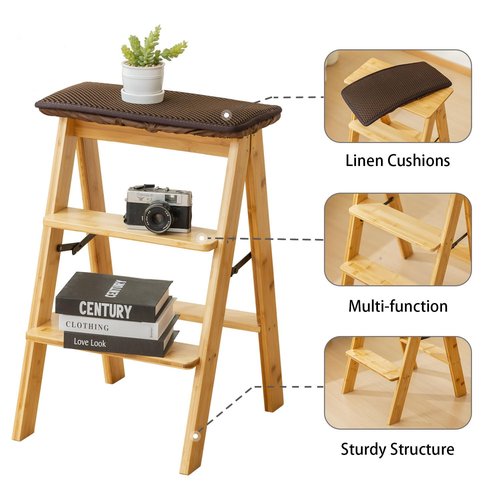 Latifolia Foldable 3 Step Ladder, Bamboo Step Stool with Floor Saver, Decorative Ladder Shelf for Living Room, Kitchen, Garden(Nature)