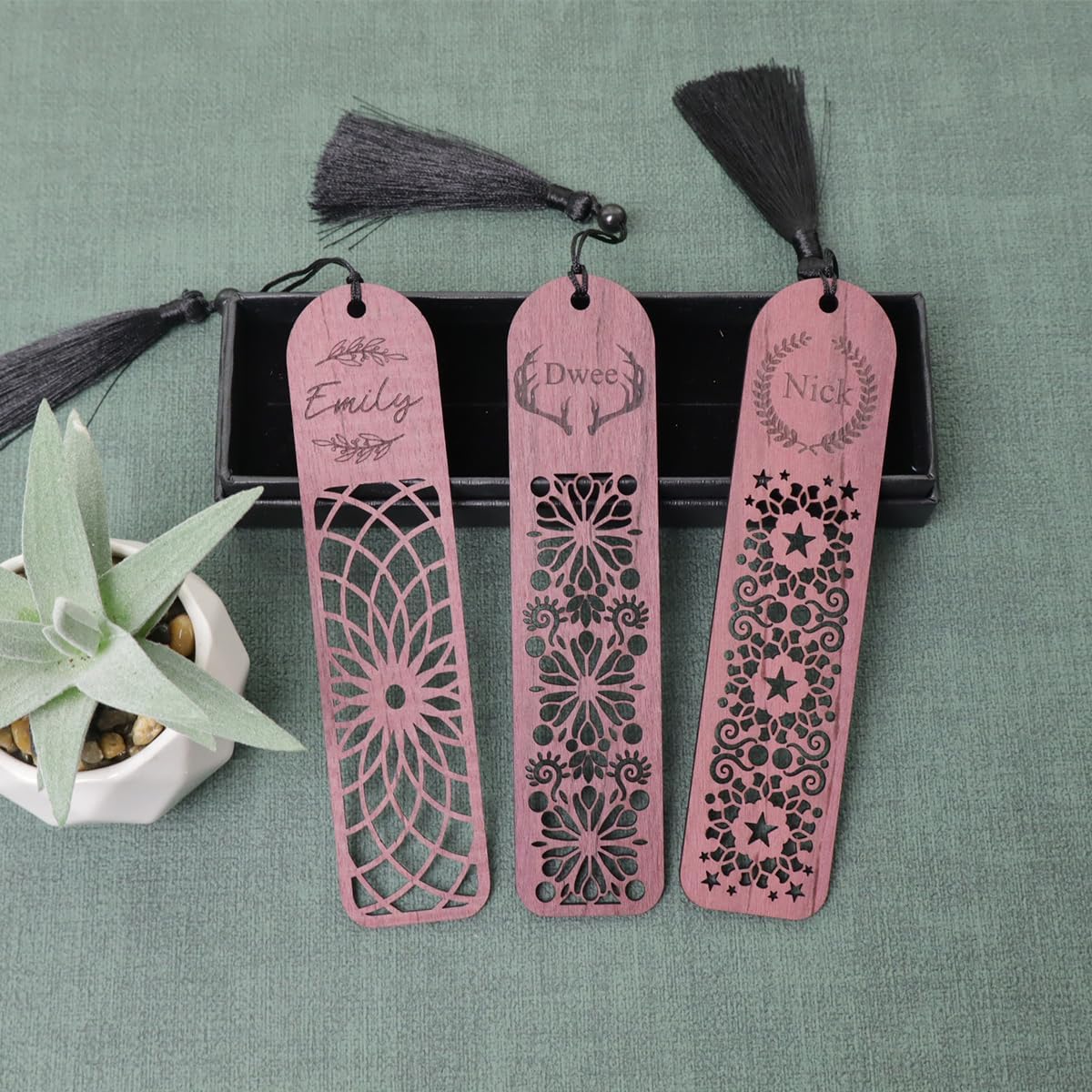 Skiennix Custom Wooden Bookmarks - Personalized Engraved Name Gift Set for Men & Women | Vintage Handmade (Purpleheart, 3 PCS)