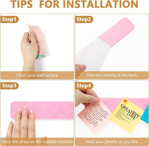 Regine Switzerland Felt Pin Board Strips - Self-Adhesive Bulletin Board for Home & Office | 8 Packs with 50 Push Pins