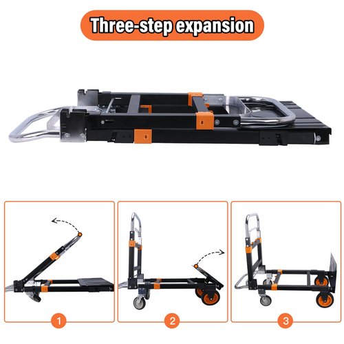Upgraded 3 in 1 Folding Hand Truck, 600lbs Capacity, Heavy Duty Convertible Dolly with Retractable Handle and 4 Rubber Wheels, Collapsible Cart for Moving Home, Office, Warehouse（Orange）