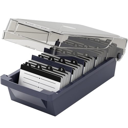 MaxGear Business Card Holder for Desk, Large Plastic Business Card Organizer Box with Lid, Credit Card File Storage Case for Office & Home, Holds 500 3.5” x 2.2” Cards with A-Z Index Tabs, Gray