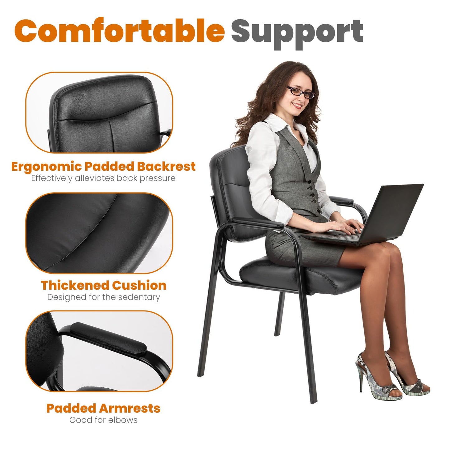 Sweetcrispy Office Reception Guest Waiting Room Chairs Set of 4, Leather Stationary Chair No Wheels with Padded Arms for Elderly Desk Conference Room Lobby, Inky