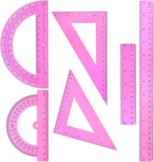Skiennix 6-Piece Plastic Ruler Set - Includes 12" & 6" Rulers, Protractors, & Triangle Rulers | Pink Geometry Tools for School & Office