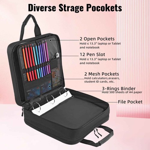 Quoyiyo Zipper Binder 3 Ring with Shoulder Strap, 2 Inch O-Rings, 500-Sheet Capacity, Binder Bag with Expanding File Folder & Multi-Pockets, Trapper keeper fits for 13 Inch Laptop (Black)