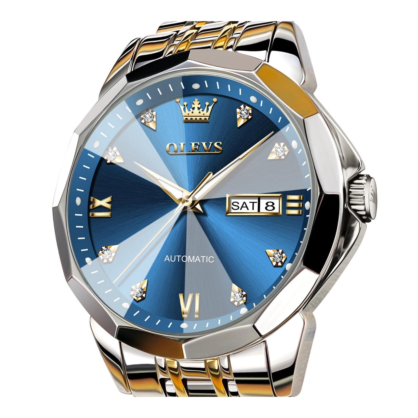 OLEVS Watch for Men Automatic Classic Mechanical Watch Diamond Mirror Stainless Steel Dress Casual Waterproof Day/Date Calendar Blue