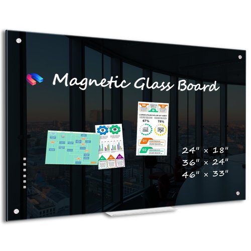 WALGLASS Black Dry Erase Board 24"x18" Magnetic Glass Board, Framless Black Glass Whiteboard for Walls, Bulletin Board for Office, School, Includes 6 Strong Magnets, 1 Pen Tray