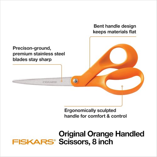Fiskars 8" Original Orange-Handled Scissors - Ergonomic Stainless Steel All-Purpose Tool for Paper & Fabric