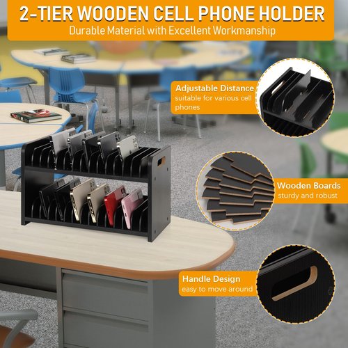 Ozzptuu Cell Phone Storage Classroom Cell Phone Holder Adjustable Wooden Multiple Rack Caddy Organizer Box for Classroom Office Desktop with 1-30 Number Stickers (30-Grid) (Black)