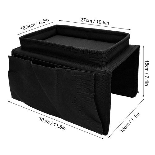 Sofa Armrest Organizer Caddy, 4 Pockets Couch Armchair Caddy TV Remote Control Holder Armchair Couch Bag with Cup Holder Tray for Snacks Glasses Smartphone Magazines(11.8x7.1x7.1in-black)