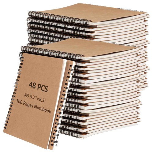 Lnrueg 48 Pcs A5 Spiral Notebooks - Brown Kraft Paper Cover Notebooks, Hardcover Lined Notebooks, Sturdy Travel Journals with Smooth 70GSM Paper for School, Office, Travel, 100 Pages