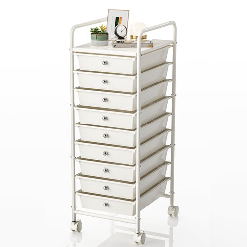 Shrivee 9-Tier Utility Cart with 9 Drawers, Rolling Utility Cart with 2 Lockable Caster Wheels, Multipurpose Mobile Rolling Storage Drawer Cart for Office Bathroom Kitchen, Ivory White
