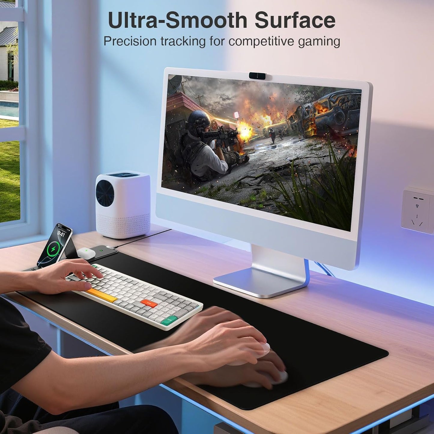 Wireless Charging Mouse Pad - Foldable Phone Holder | Large 31.5"x15.8" Desk Mat, Waterproof & Non-Slip, Black