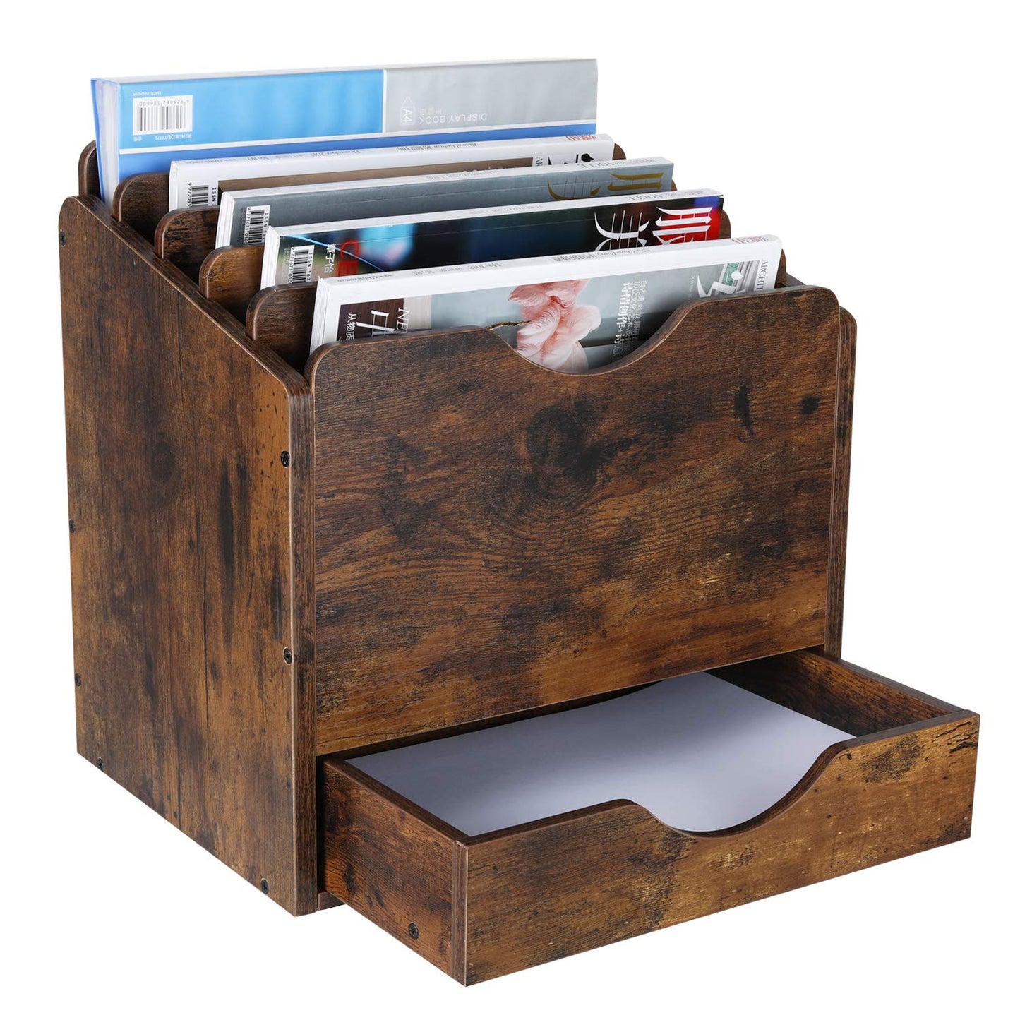 PAG Wood Desktop File Holder Organizer Mail Sorter with Drawer, for File Folders, Mails, Envelopes, Mailing Supplies or Magazines, 6 Compartments, Antique Brown