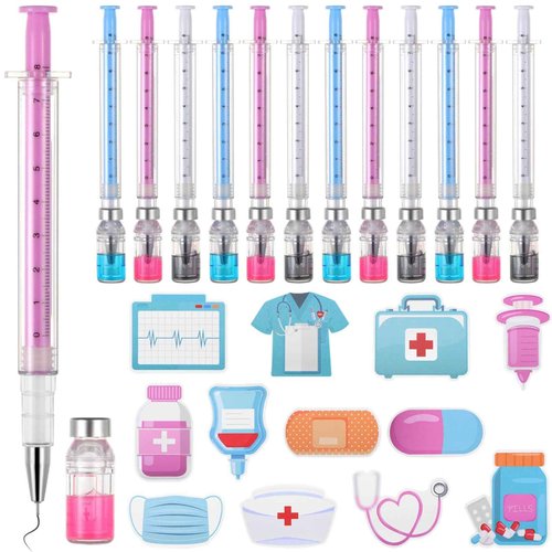 Tideme 276 Pcs Syringe Pens Bulk 3 Colors Novelty Nurse Pens 240 Sheets Adhesive Notes 0.5 mm Black Ink Ballpoint Pen Fun Gifts for Halloween Party Favors, School Supplies, Birthdays