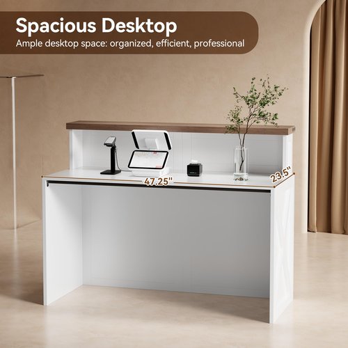 Velacori White Reception Desk with Open Storage Shelf for Office Reception Room, 47-Inch Large Retail Counter Farmhouse Wood Checkout Counter Table for Store Lobby Beauty Salon, White Bronw