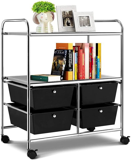 Squareful 3 Tier Storage Cart, Rolling Utility Cart w/ 4 Drawers & 2 Shelves, Metal Organizer Shelf, Multi-Purpose for Home, Office, School, Beauty Salon (Black & Chrome Finish)