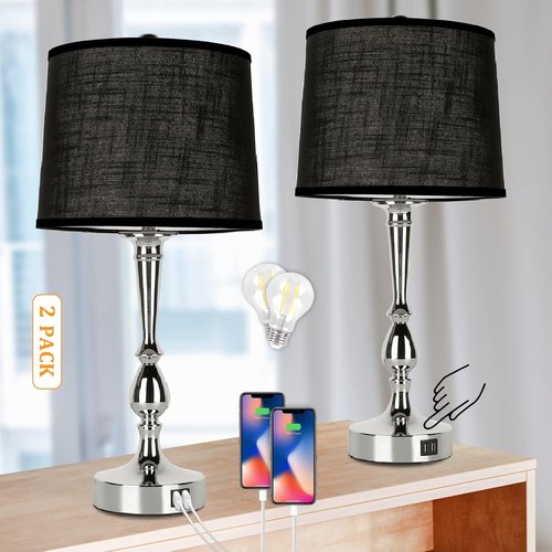 Dott Arts 24.8'' Modern Table Lamps - Set of 2 Bedside Lamps with USB Charging & Dimmable Touch Control | Silvery & Black