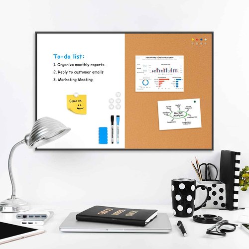 QUEENLINK Magnetic White Board and Cork Board Combo, 24" x 18", Dry Erase Bulletin Board, Black Aluminum Frame, Wall Hanging, for Home Office and School