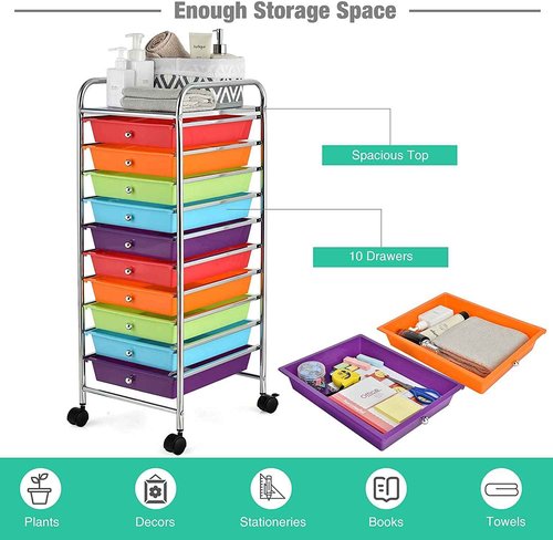 Giantex Plastic Boxes 10 Drawer Rolling Organizer Cart Utility Storage Tools Scrapbook Paper Multi-Use (Multicolor)