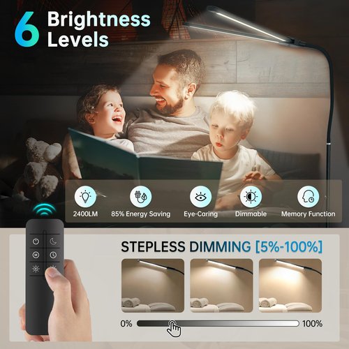 Rtrevlo LED Floor Lamp with Remote, 24W 2400LM Dimmable Standing Light with Double Heads and Adjustable Gooseneck, Modern Tall Lamp for Bedroom, Office, Living Room, Eyelash Extensions & Crafting