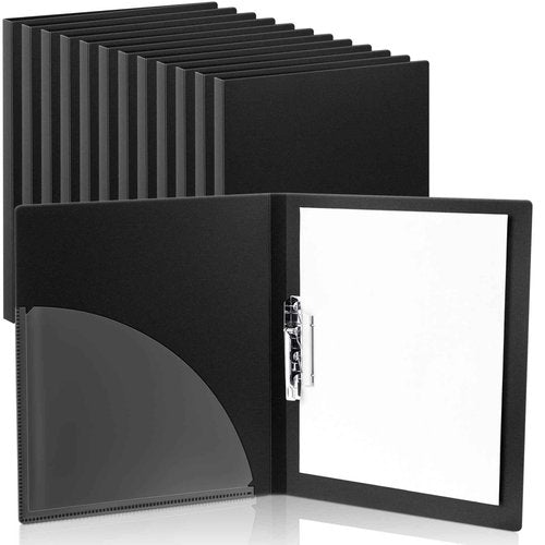 Teling 12 Pack Punchless Clamp Binder Folder 8.5 x 11 Inch Ringless Binder Holds with Pocket, Flexible Metal Clip and Poly Covers, 100 Letter Size Pages, for Work, School(Black)