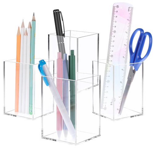 4 PCS Acrylic Pen Holder, Clear Pen Holder For Desk, Makeup Brush Holder Cup Organizer, Office Stationery Organizer, for Office School Makeup Desk