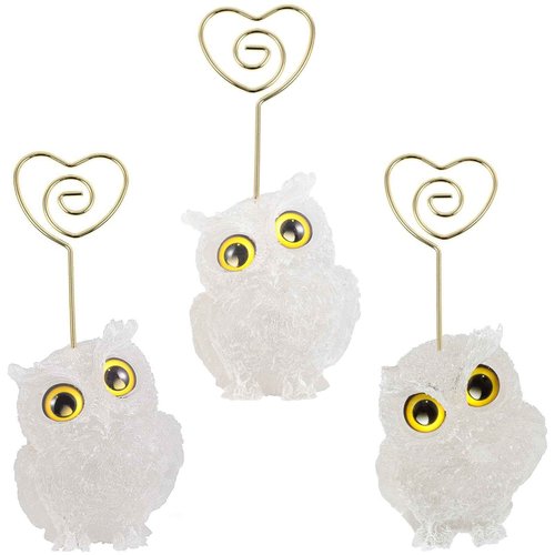 mookaitedecor Rock Quartz Owl Statue Crystal Card Holder Stand, Cute Animals Figurine Clip Photo Holders for Desk, Sticky Notes Holder for Office