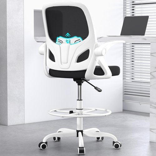 Kensaker Tall Drafting Chair with Footrest Ring for Home and Work, Ergonomic Home Desk Office Chair with Flip up Arms and Lumbar Support, Extended Height Executive Home Desk Office Chair(White)