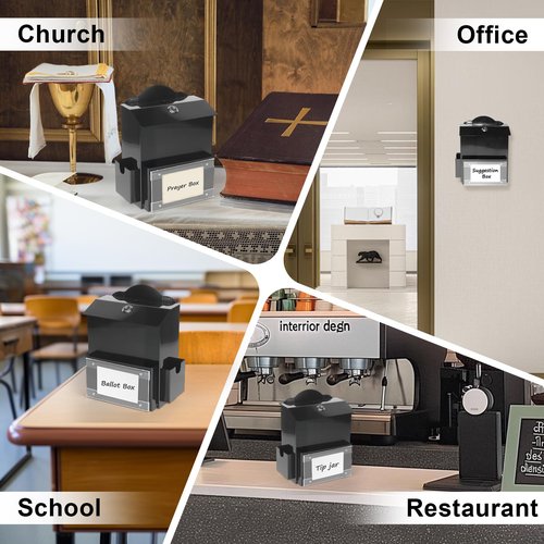 SAMYUCHO Suggestion Box with Magnetic Sign Holder, Metal Donation Boxes with Lock and Slot, Prayer Drop Ballot Raffle Tip Jars Wall Mounted Box for Fundraising Churches Offices School Black