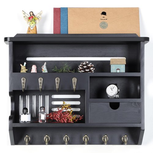 DOPACE Key Holder for Wall, Mail and Key Holder, Mail Organizer Wall Mount with Storage Drawer and 10 Hooks, Easy Installation Keys Holder on Wall, Black