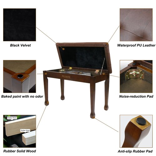 FILISITE Duet Piano Bench with Storage, Wooden Piano Stool with Waterproof Padded Cushion, Bench Seat for Vanity, Living Room, Bedroom (Wood)