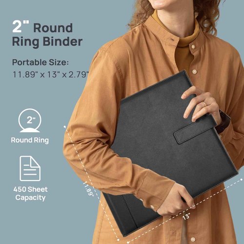 POPRUN PU Leather 2 Inch 3 Ring Binder, Professional Business Organizer- Includes PP Dividers, 100GSM / Grade AA Filler Papers, Card &Sticker for Tab- Ideal for Office Presentation Meetings, Black