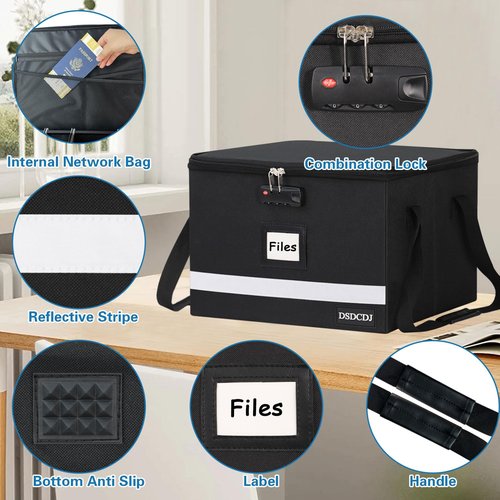 DSDCDJ File Box with Lock - Portable File Organizer Box with Handle, Sturdy Important Document Organizer with Label, Slide, Reflective Strip for Hanging Letter/Legal Folder