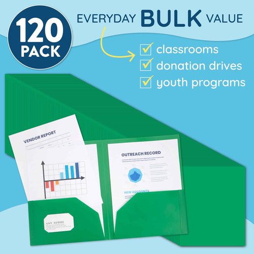 Blue Summit Supplies Plastic Folders with Pockets Bulk, 2 Pocket Folders Bulk 120 Pack, Green Folder