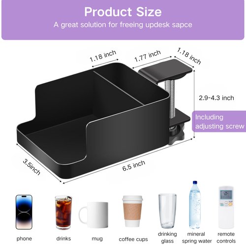 JTDER Desk Cup Holder Clamp - Ajustable Desktop Hanging Storage Rack, Clamp On Cup Holder with Cup/Phone/Pen, with Charging Hole and Spill-Proof Cup Design (Black)