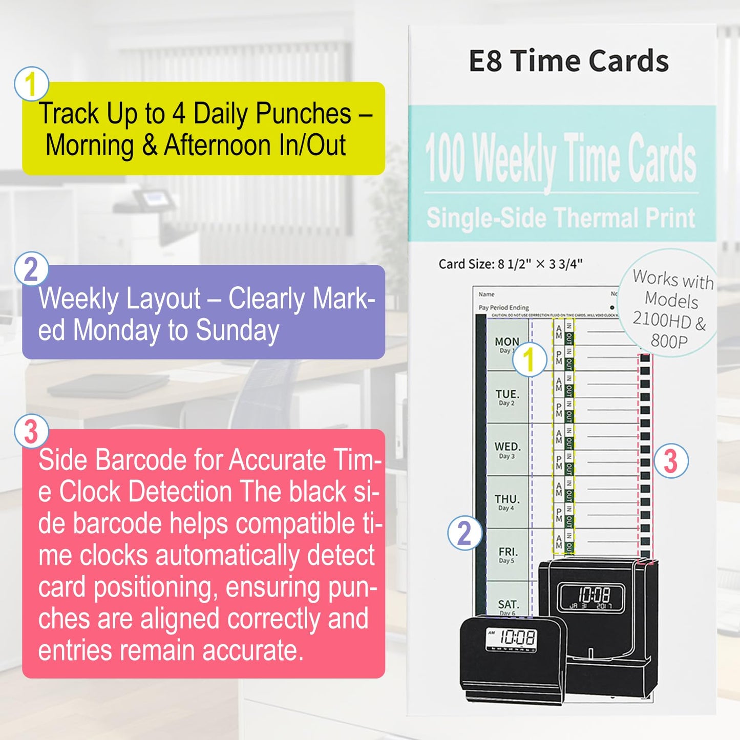 300 E8 Thermal Time Cards, Compatible with Lathem 2100HD & 800P Time Clocks Single-Sided with Named Days E8 Thermal Print Timesheets