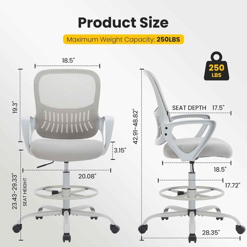 Sweetcrispy Home Office Drafting Chair - Ergonomic High Stool Computer with Adjustable Height and Comfy Lumbar Support, Tall Rolling Task for Standing Desk with Fixed Arm and Footrest, Grey