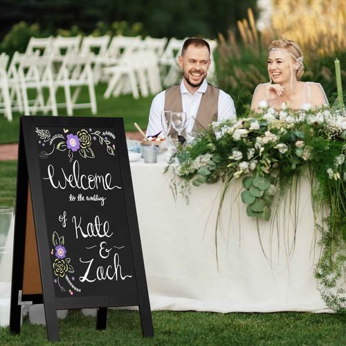 4 THOUGHT A-Frame Double-Sided Magnetic Chalkboard 40"x20", Solid Pine Wood Freestanding Sandwich Board for Restaurants, Cafes, Weddings (Black)