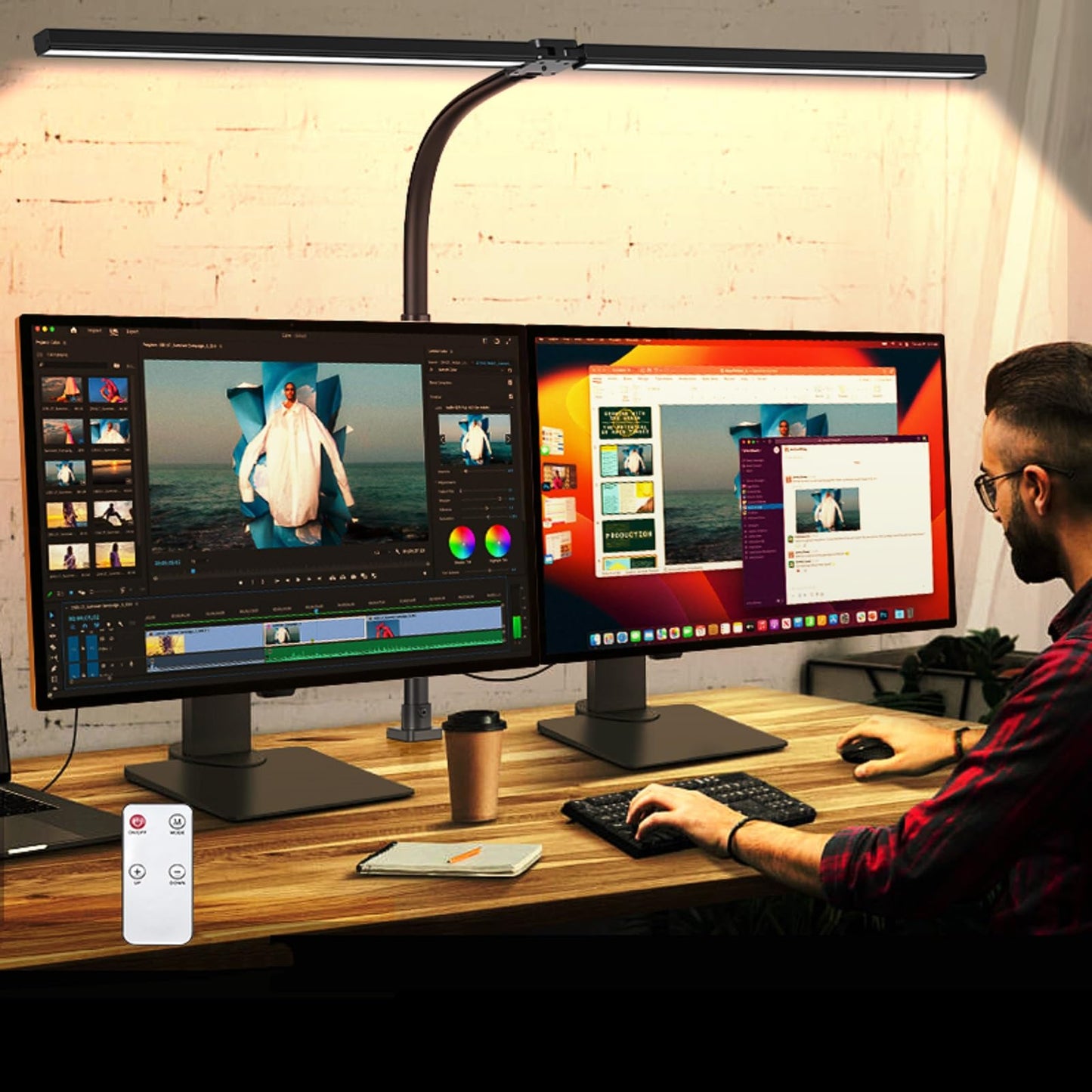 MACASA LED Desk Lamp for Office Dorm Home - Eye Caring Desk Light with Timer, Remote Control 24W Brightest Dual Screen Computer Monitor Gooseneck Dimmable Table lamp with Anti-Glare Cover Clamp