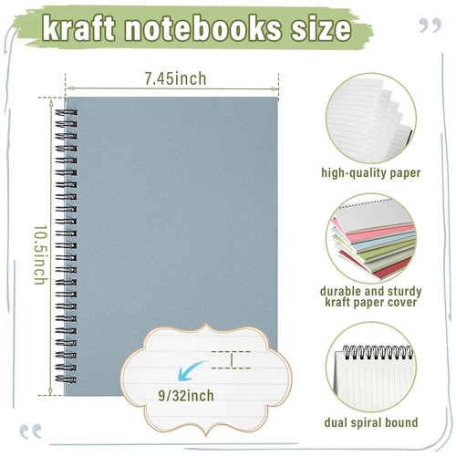 Fuutreo 6 Pack Spiral Notebooks 10.5 x 7.45 Inch College Ruled Journal with Kraft Cover, B5 70 Sheets (140 Pages) for Stundent Study and Office Use(Fresh)