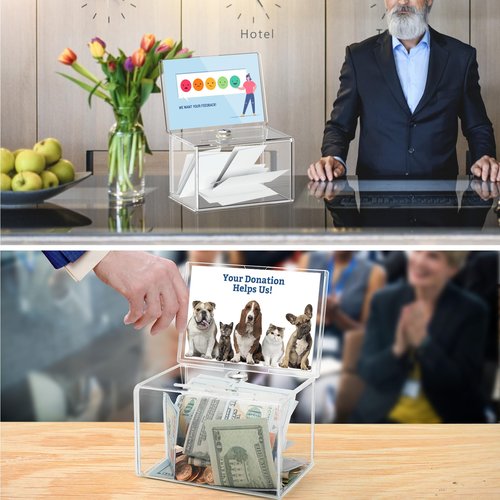 MaxGear Acrylic Donation Box with Lock and Sign Holder, Clear Ballot Box Donation Boxes for Fundraising (6.2" x 4.5" x 4") with Lock - Clear