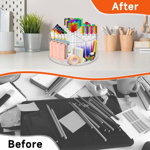 yintok Acrylic Rotating Organizer, Large Pen Organizer 360° Rotating Crayon and Marker Holder, Pen Holder with 6 Compartments, Pencil Storage Organizer with Handle for Office Home School