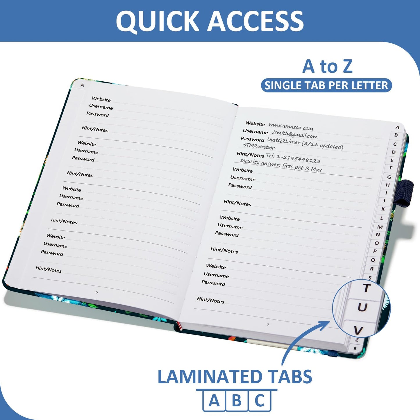 Comkiso Password Book with Individual Alphabetical Tabs Laminated, Large Print Password Keeper Book for Seniors, A5 Hardcover Internet Password Log Book to Record Website Login Details - Bloom
