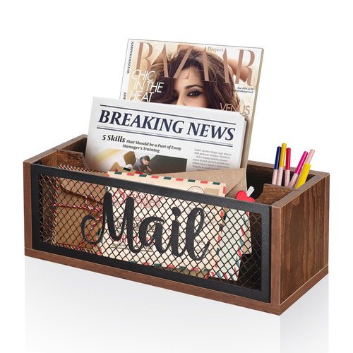Mail Organizer,Mail Holder with 2 Slots, Wood Mail Basket Mail Sorter for Wall Table Countertop, Bill Envelope Letter Holder for Home Office